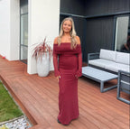Off-Shoulder Bodycon Maxi Dress with Mesh Layer