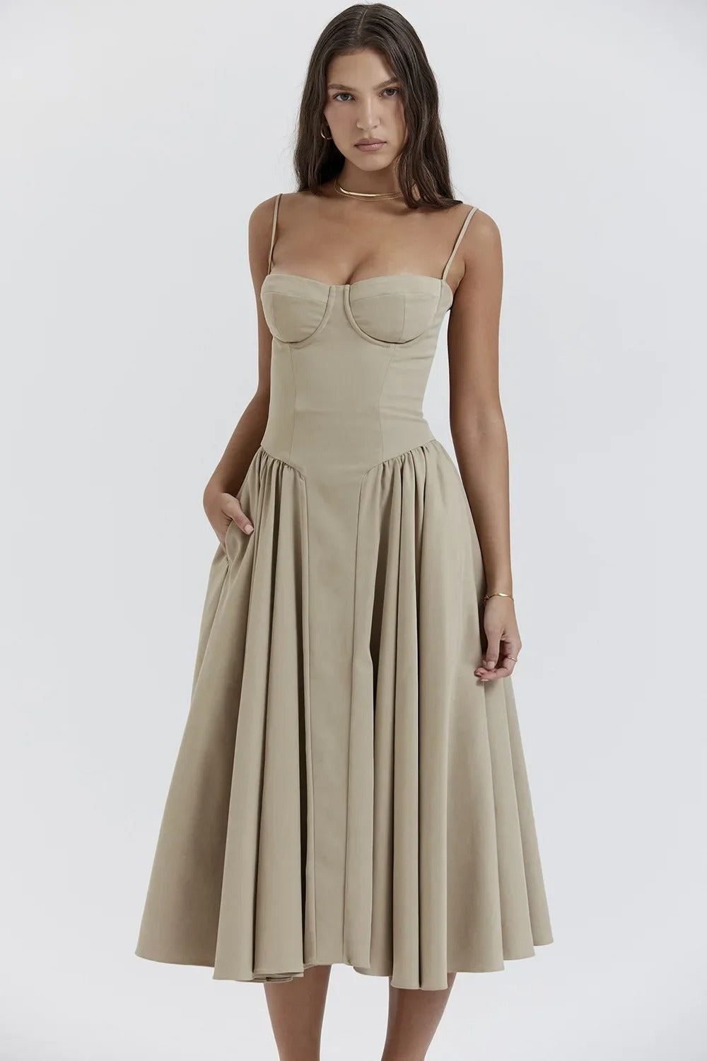 Corset-Style Midi Sundress with Sleeveless Cut