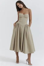 Corset-Style Midi Sundress with Sleeveless Cut
