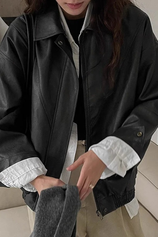 Faux-Leather Vintage-Inspired Jacket with Zip Detail