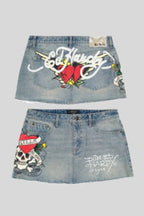 Painted-Graphic Denim Mini Skirt with High Waist