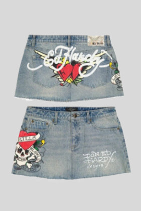 Painted-Graphic Denim Mini Skirt with High Waist