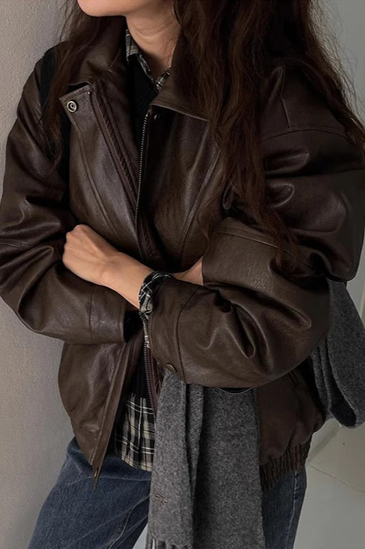 Faux-Leather Vintage-Inspired Jacket with Zip Detail Main image
