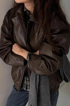 Faux-Leather Vintage-Inspired Jacket with Zip Detail
