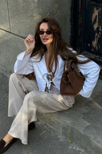 Plunging V-Neck Cotton Blouse with Flared Sleeves