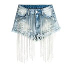Denim High-Rise Shorts with Fringe Details