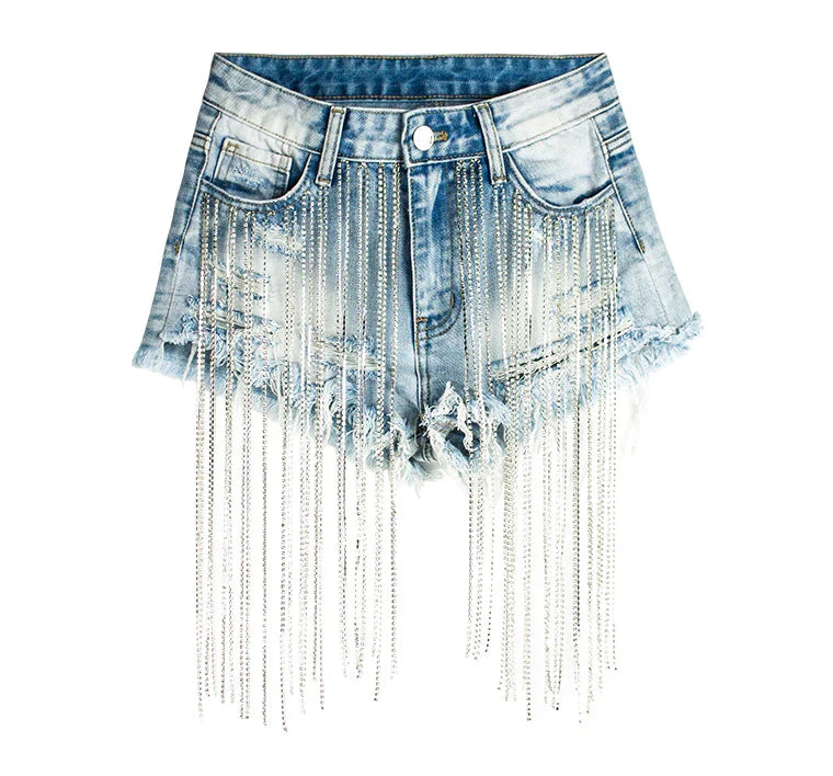 Denim High-Rise Shorts with Fringe Details