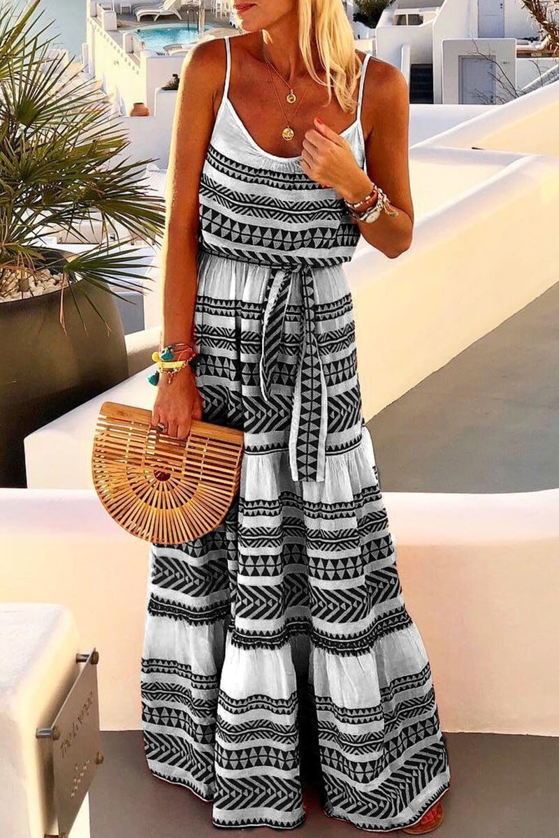 Geometric-Print Lace Maxi Dress with Relaxed Fit