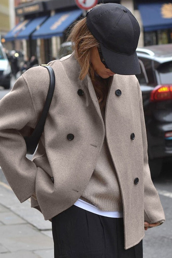 Wool-Blend Polyester Coat with Double-Breasted Front