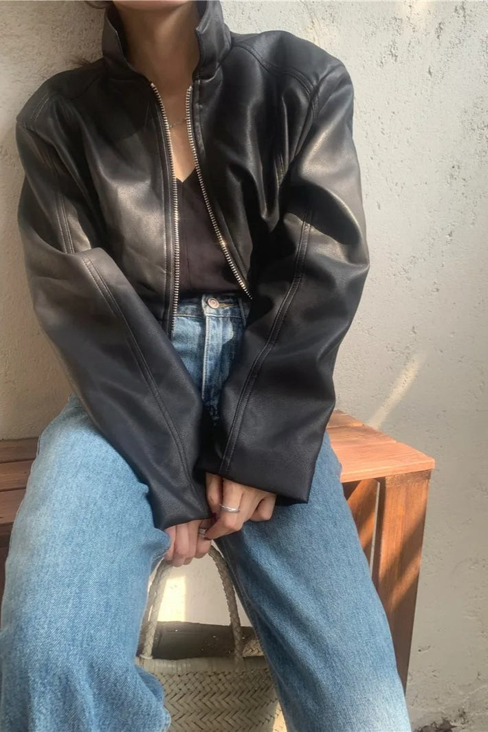 Leather Cropped Jacket with Zip Detail