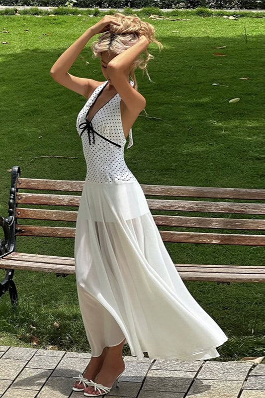 Floral Polka-Dot Maxi Dress with Open Back