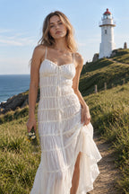 Lace Pleated Backless Suspender Maxi Dress