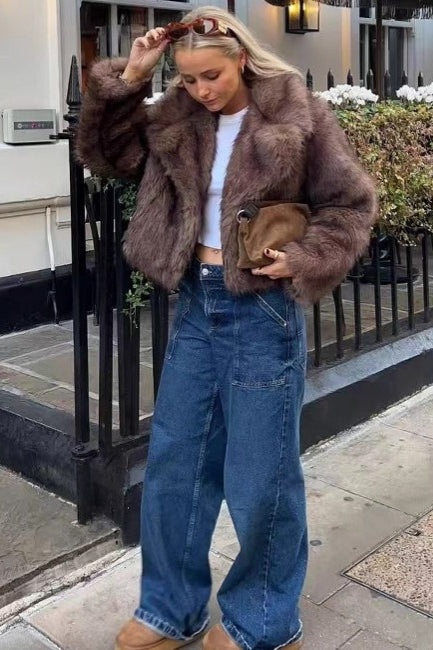 Faux-Fur Cropped Coat with Lapel Collar