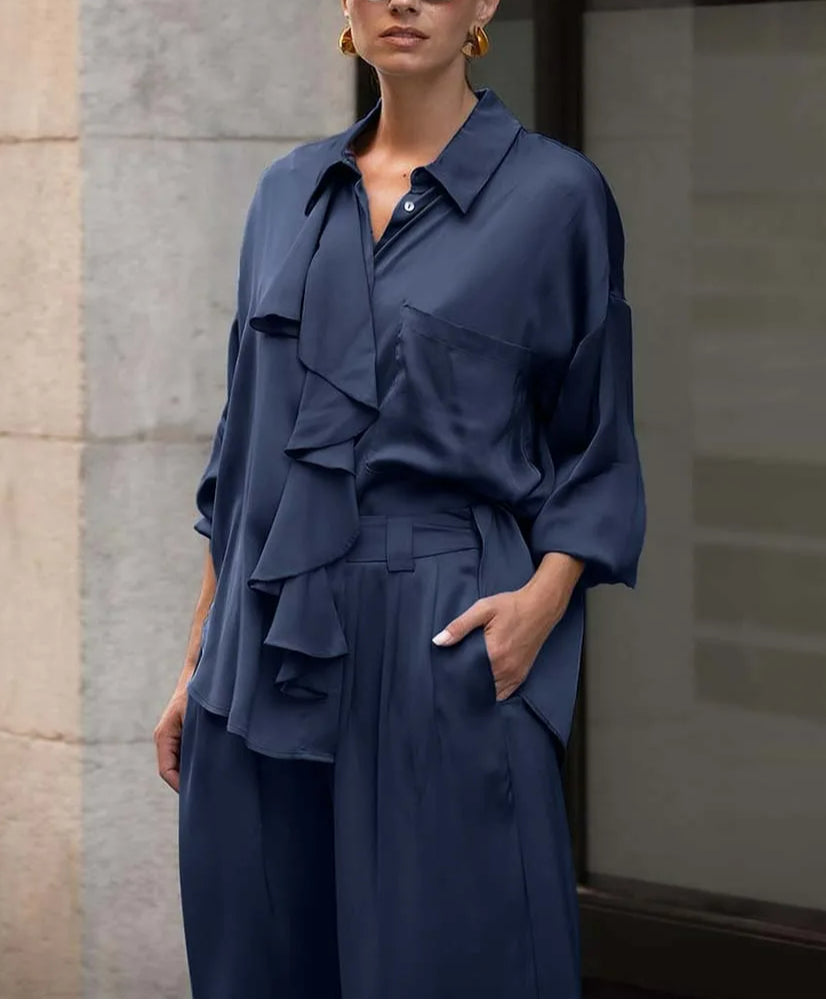 Satin Blue Two-Piece Pants Set with Ruffle Details