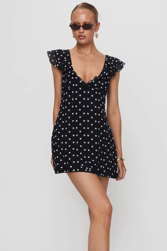 Polka-Dot A-Line Mini Dress with Mesh Detailing