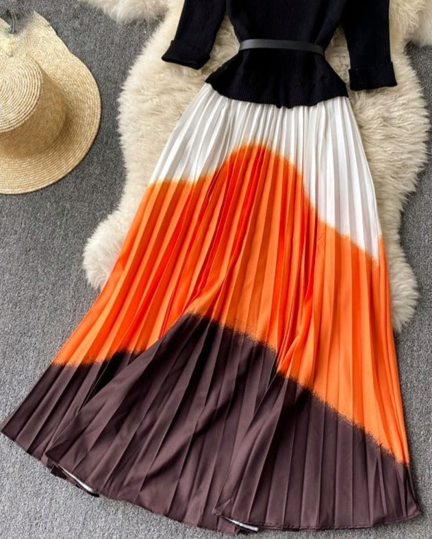 Tie-Dye Knit Midi Dress with Round Neckline