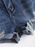 Polyester Denim Cotton Shorts with Distressed Details