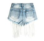 Denim High-Rise Shorts with Fringe Details