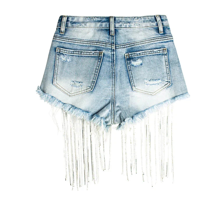 Denim High-Rise Shorts with Fringe Details