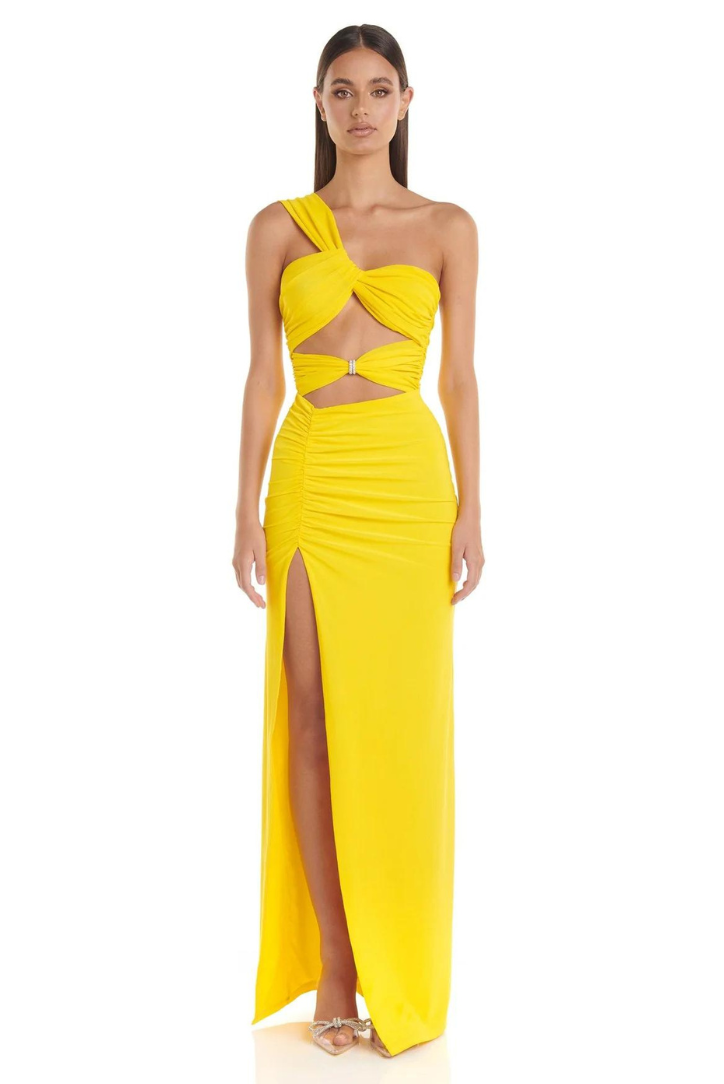 One-Shoulder Polyester Maxi Dress with Ruffle Details