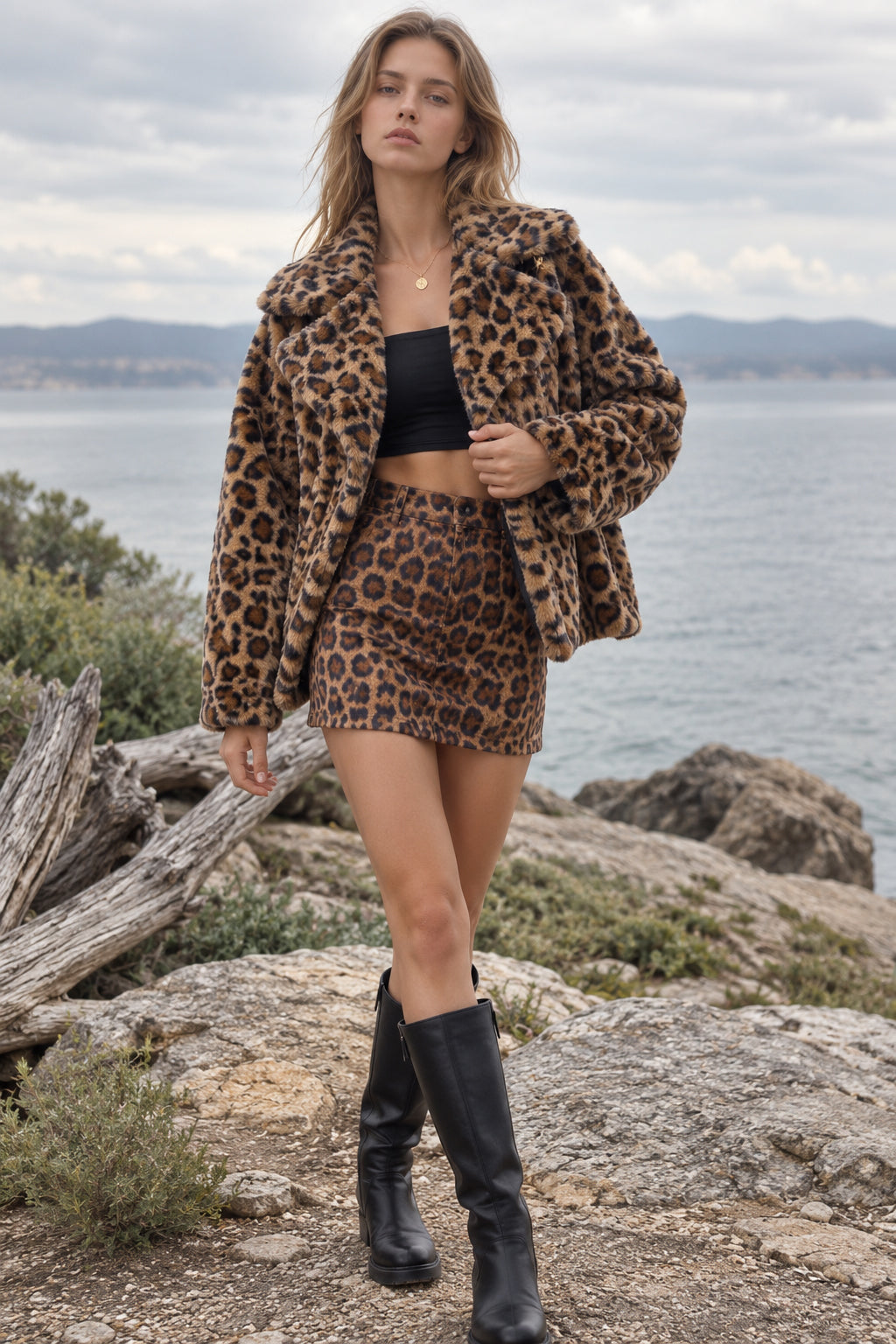 Fleece Leopard Zebra Print Notch Collar Coat
