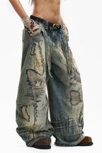 Stitch-Detail Distressed Barrel-Leg Jeans with Embroidery