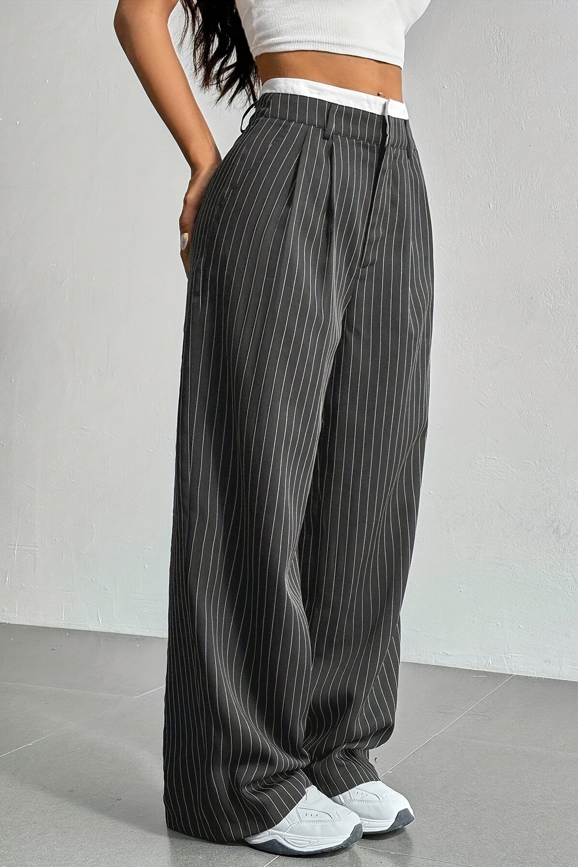 Striped High-Rise Panelled Straight-Leg Pants