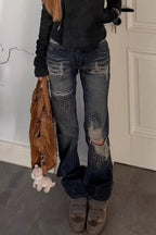 Studded Washed Flared Jeans with Distressed Details