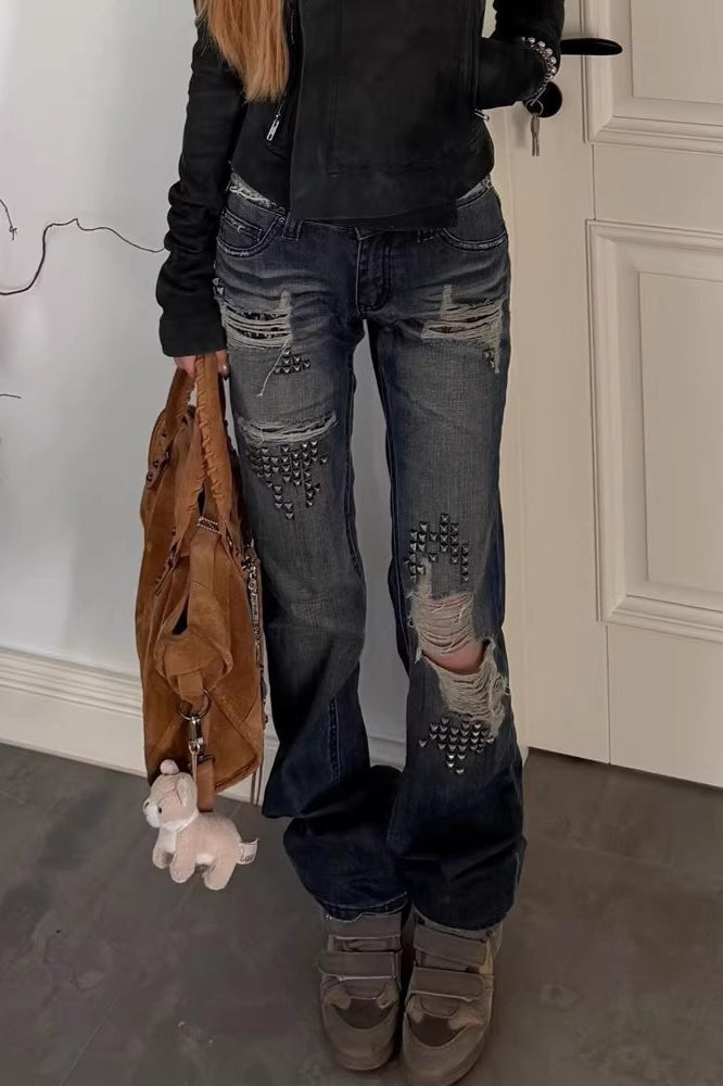 Studded Washed Flared Jeans with Distressed Details