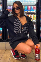 Skull-Graphic Polyester Hoodie with Rhinestone Details