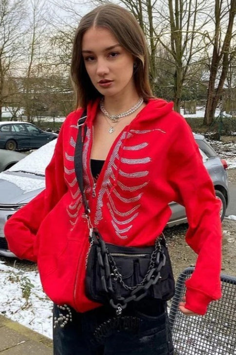 Skull-Graphic Polyester Hoodie with Rhinestone Details Main image