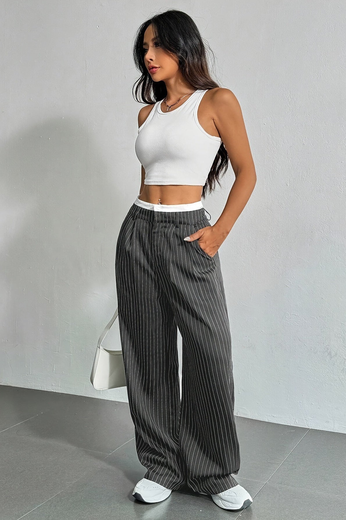 Striped High-Rise Panelled Straight-Leg Pants