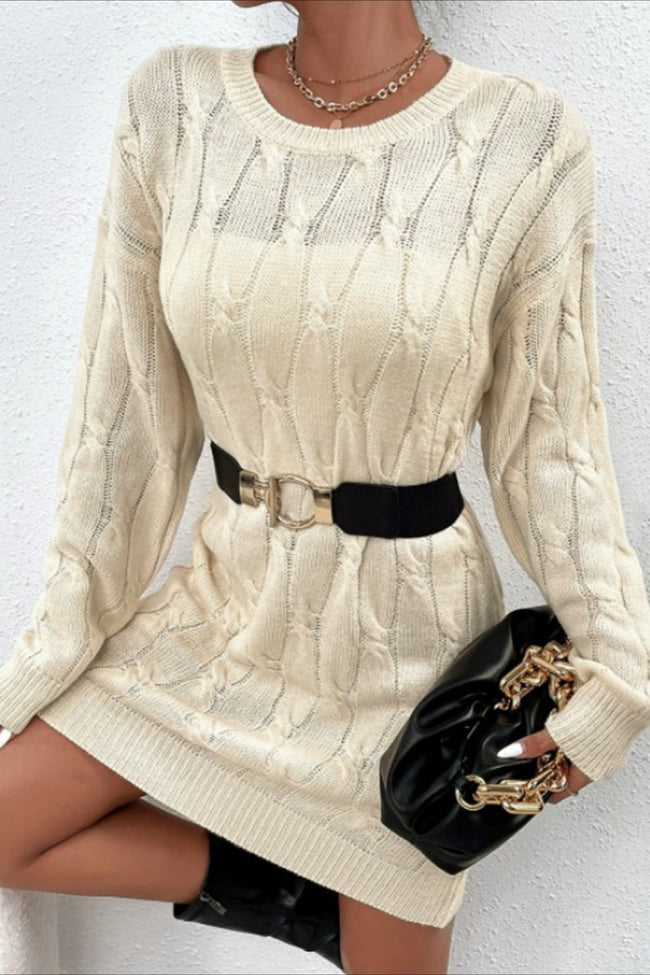 Solid Color Long Sleeve Cable Knit Sweater Dress S / Beige Main image