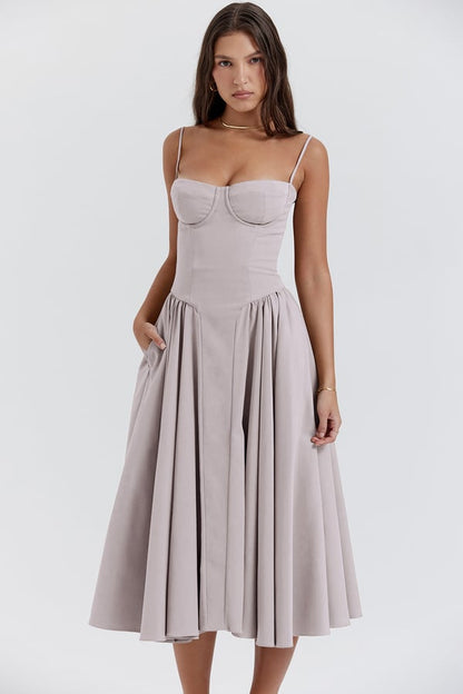 Corset-Style Midi Sundress with Sleeveless Cut