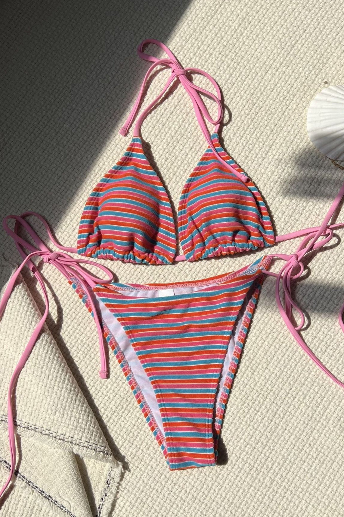 Striped Terry Bikini Set with Halter Neckline