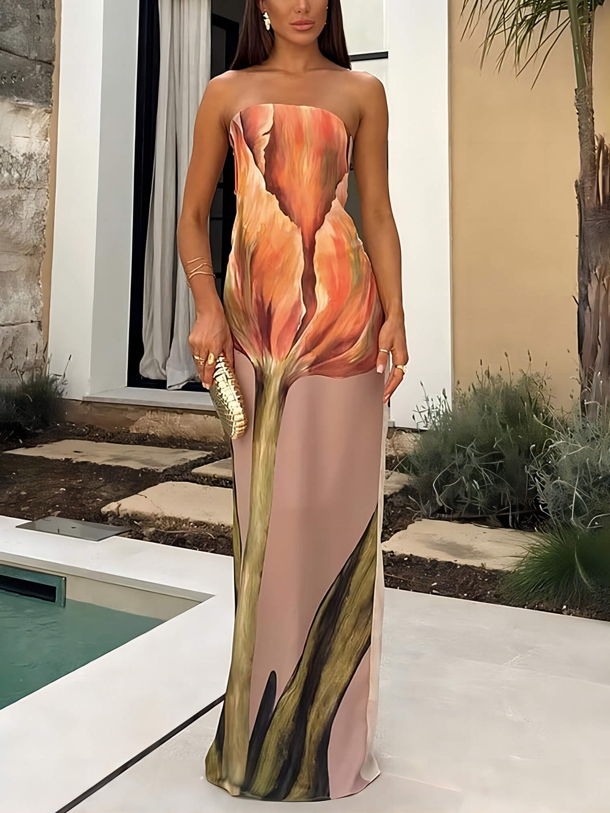 Graffiti-Print Maxi Dress with Off-Shoulder Neckline