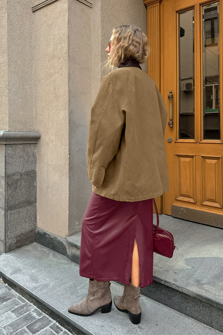 Brown Faux-Leather Panelled Coat