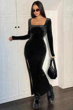 Velvet High-Rise Maxi Dress with Slit Detail