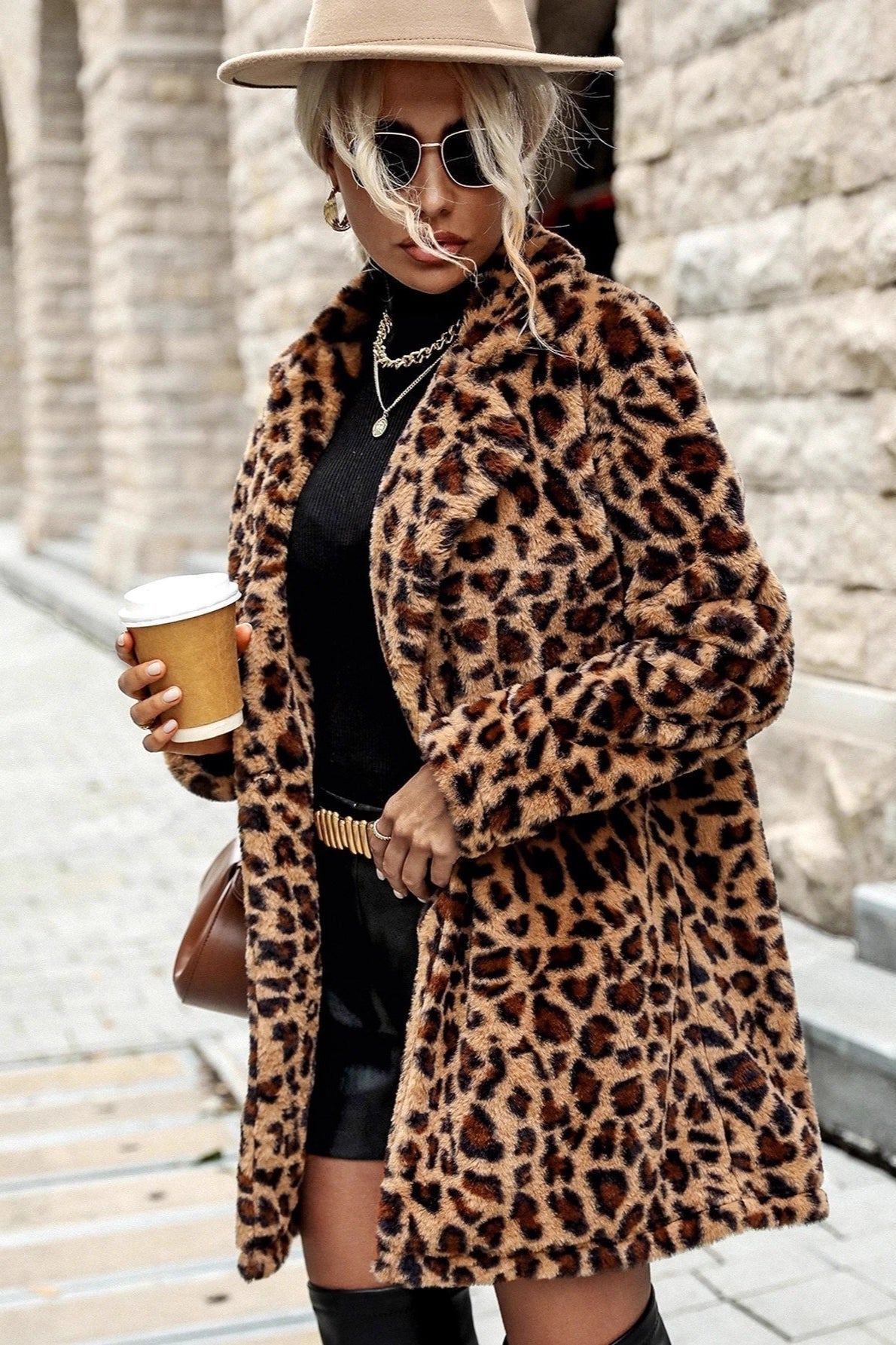 Leopard-Print Plush Coat with Notched Lapels