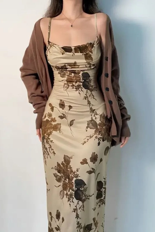 Floral Silk Maxi Dress with Bow Details
