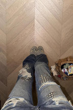 Studded Washed Flared Jeans with Distressed Details