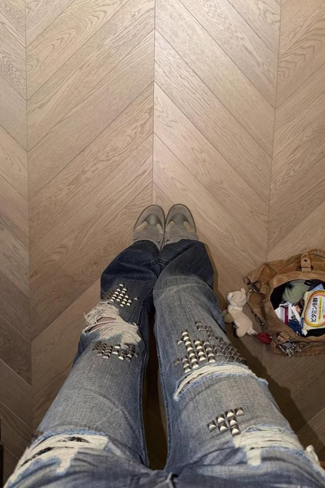 Studded Washed Flared Jeans with Distressed Details