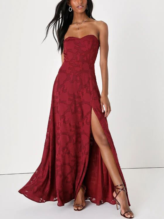 Slim-Fit Strapless Slit-Detail Maxi Gown