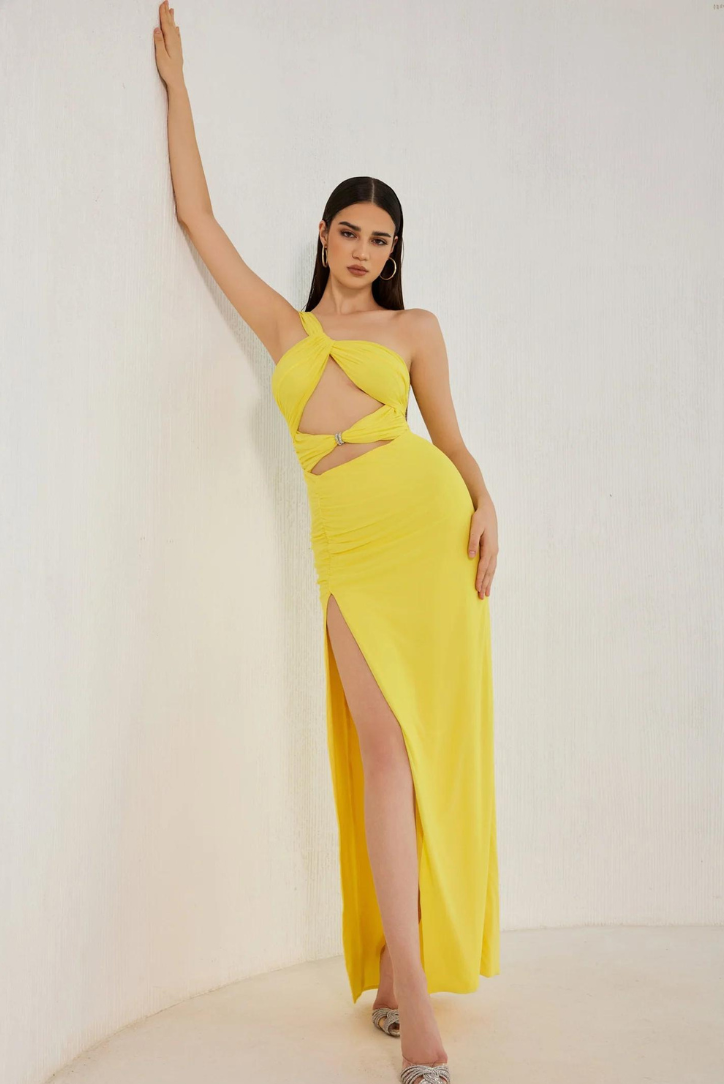 One-Shoulder Polyester Maxi Dress with Ruffle Details