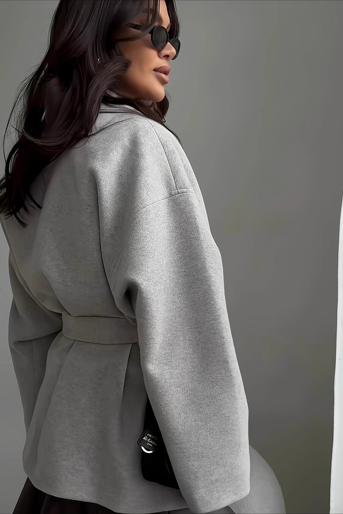 Wool Solid-Color Coat with Waist Tie