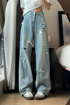 Distressed Polyester Jeans with Cotton Fabric