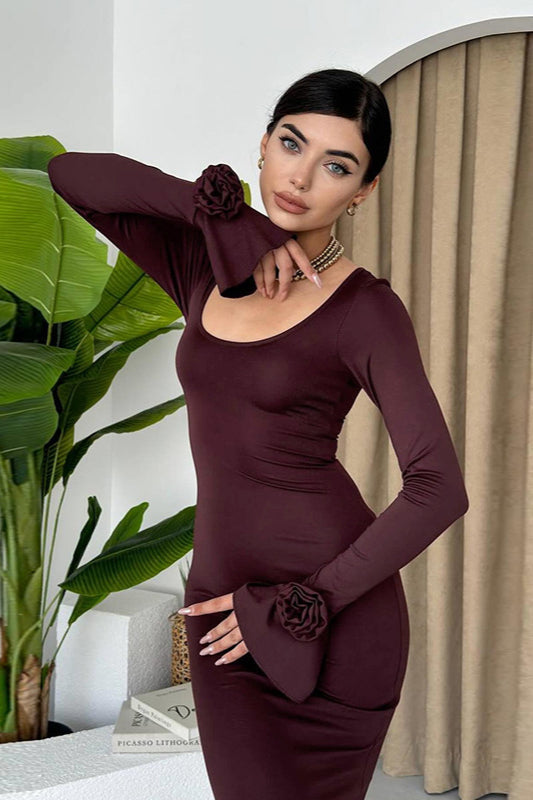 Rose-Detail Dress with Round Neckline