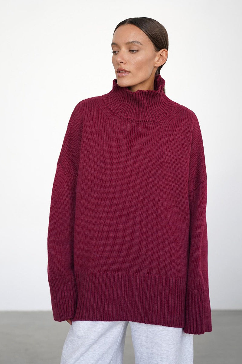 Knit Solid-Color Sweater with High Neckline