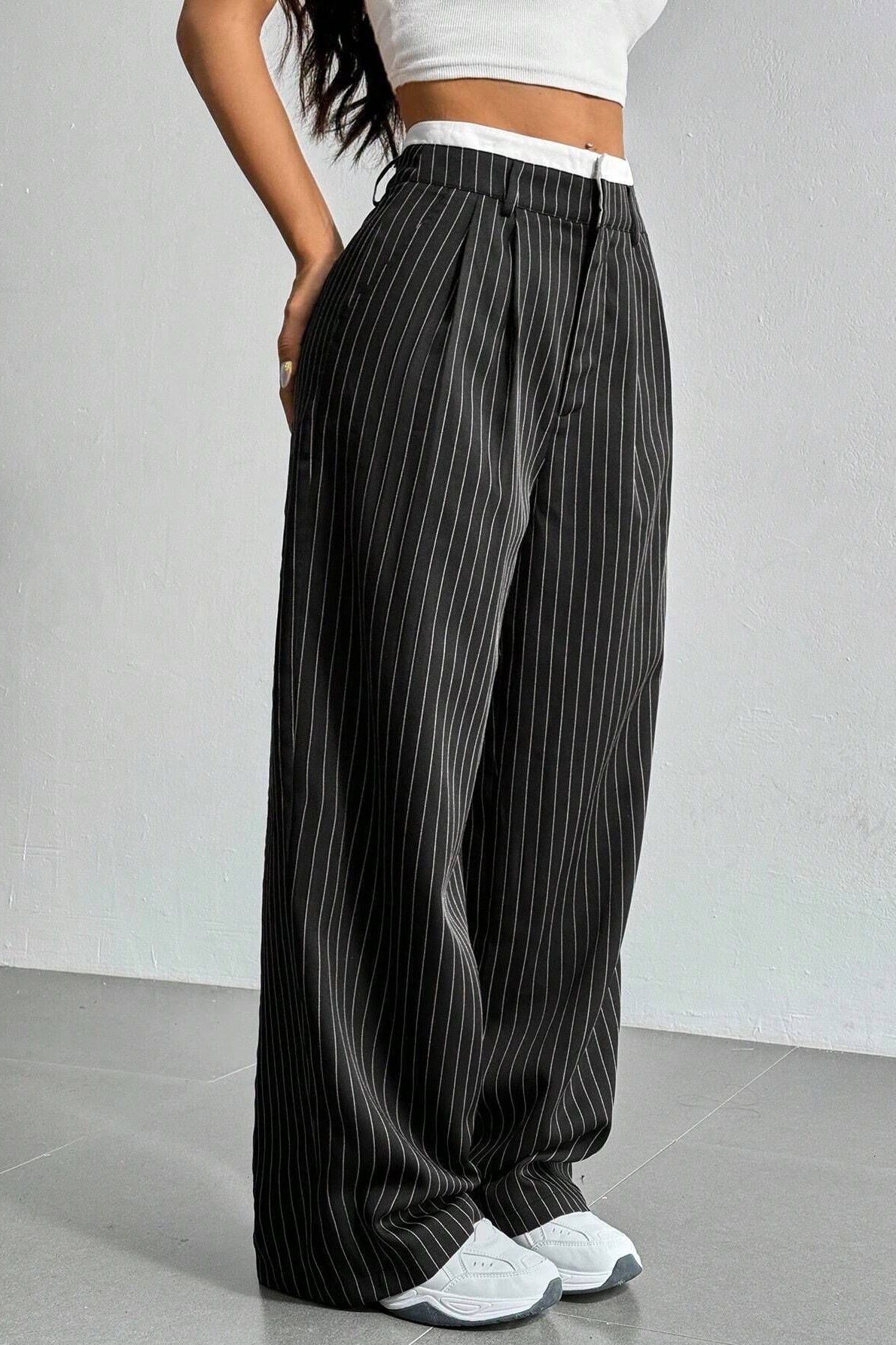 Striped High-Rise Panelled Straight-Leg Pants