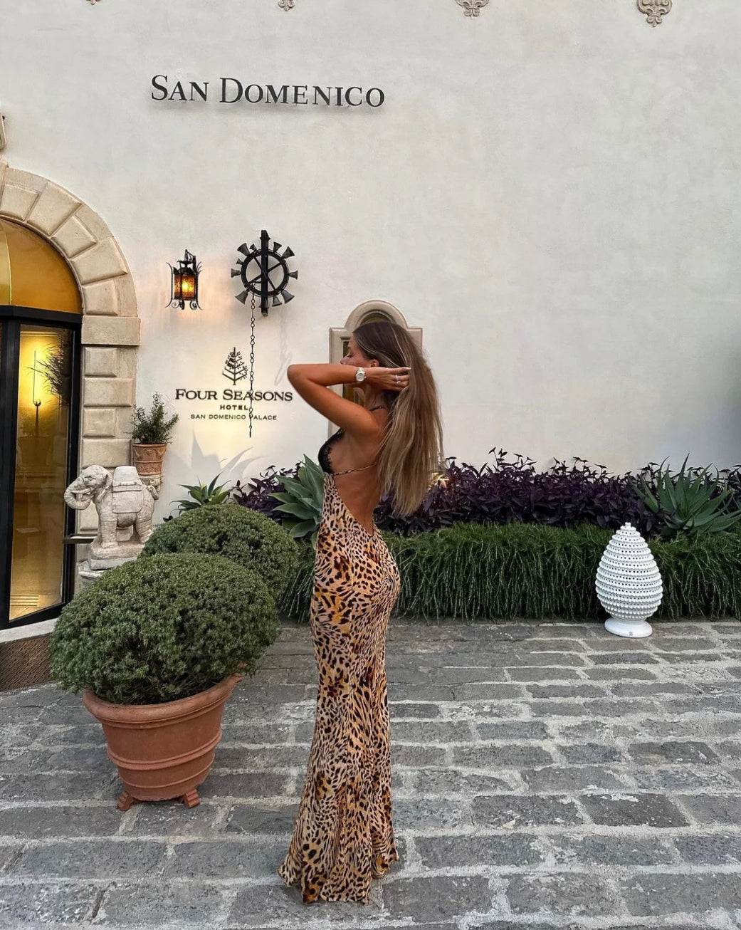 Leopard-Print Cross-Detail Dress with Contrast Details